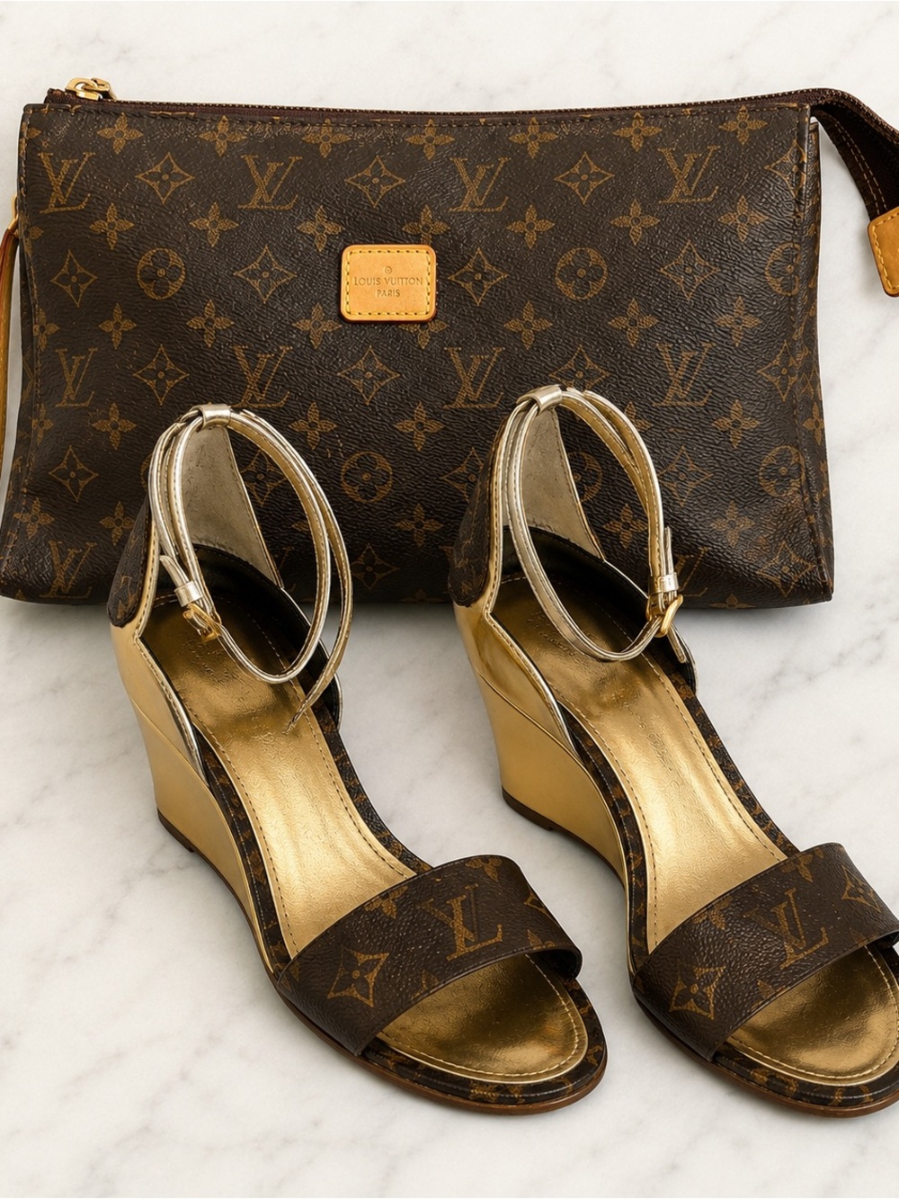 Louis Vuitton Gold Monogram Wedge Sandals 36.5